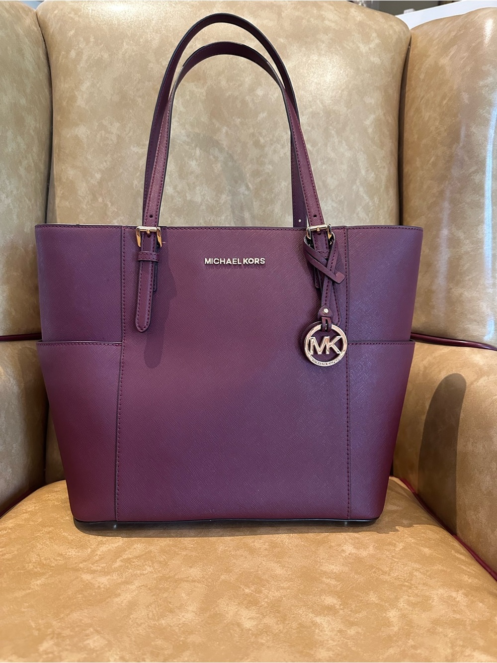 Michael Kors Plum Saffiano Leather Tote with MK Charm